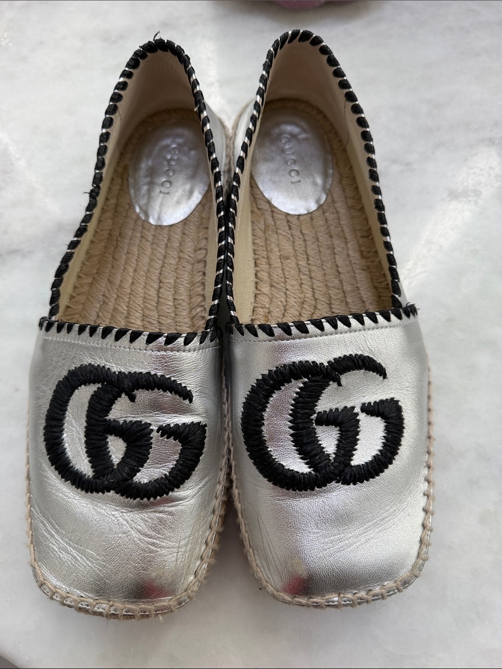 Gucci Silver Espadrille Flats with Black GG Embroidery